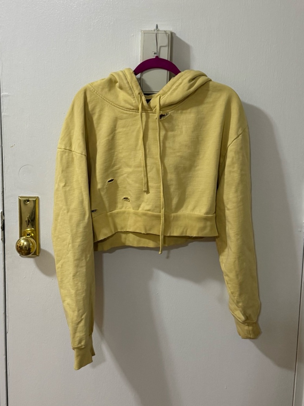 The Kooples Sport- butter yellow distressed cropped hoodie